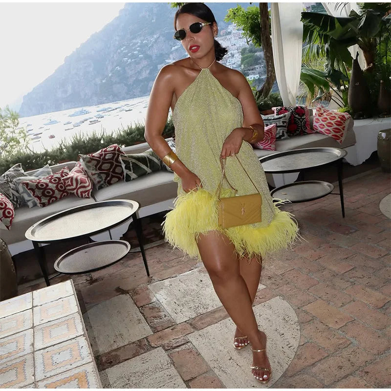 Sexy Feather Glitter Halter Short Dress Women Sleeveless Backless Yellow Female Party Dresses 2025 Summer Lady Beach A-line Robe