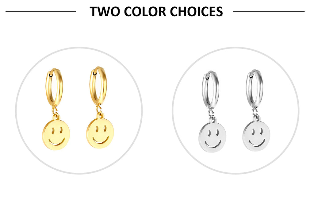 LUXUKISSKIDS Punk Smile Face Gold/Steel Color Drop Earrings Simple Hiphop Round Pendients Fashion Clips For Man/Woman/Girls