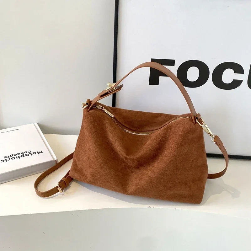 New Solid Color PU Zipper Women's Bag Suede Large Capacity Women's Shoulder Bag Fashion Versatile Casual Dual Purpose Handbag
