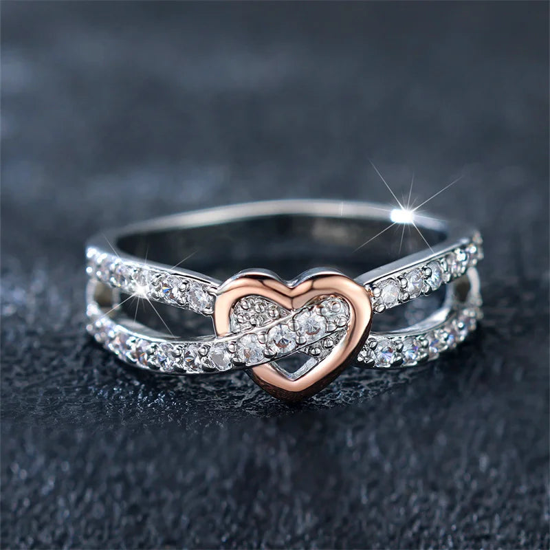 White Zircon Heart Ring - Rose Gold Silver Engagement Wedding Band