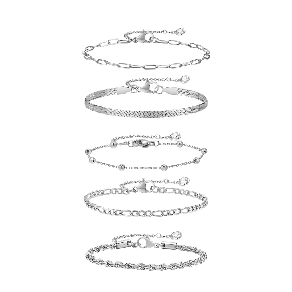 5PCS/Set Women Gold/Silver Color Bracelets,Stainless Steel Lady Geometric Fashion Charm Chain,Multi Layers Dainty Girl Jewelry