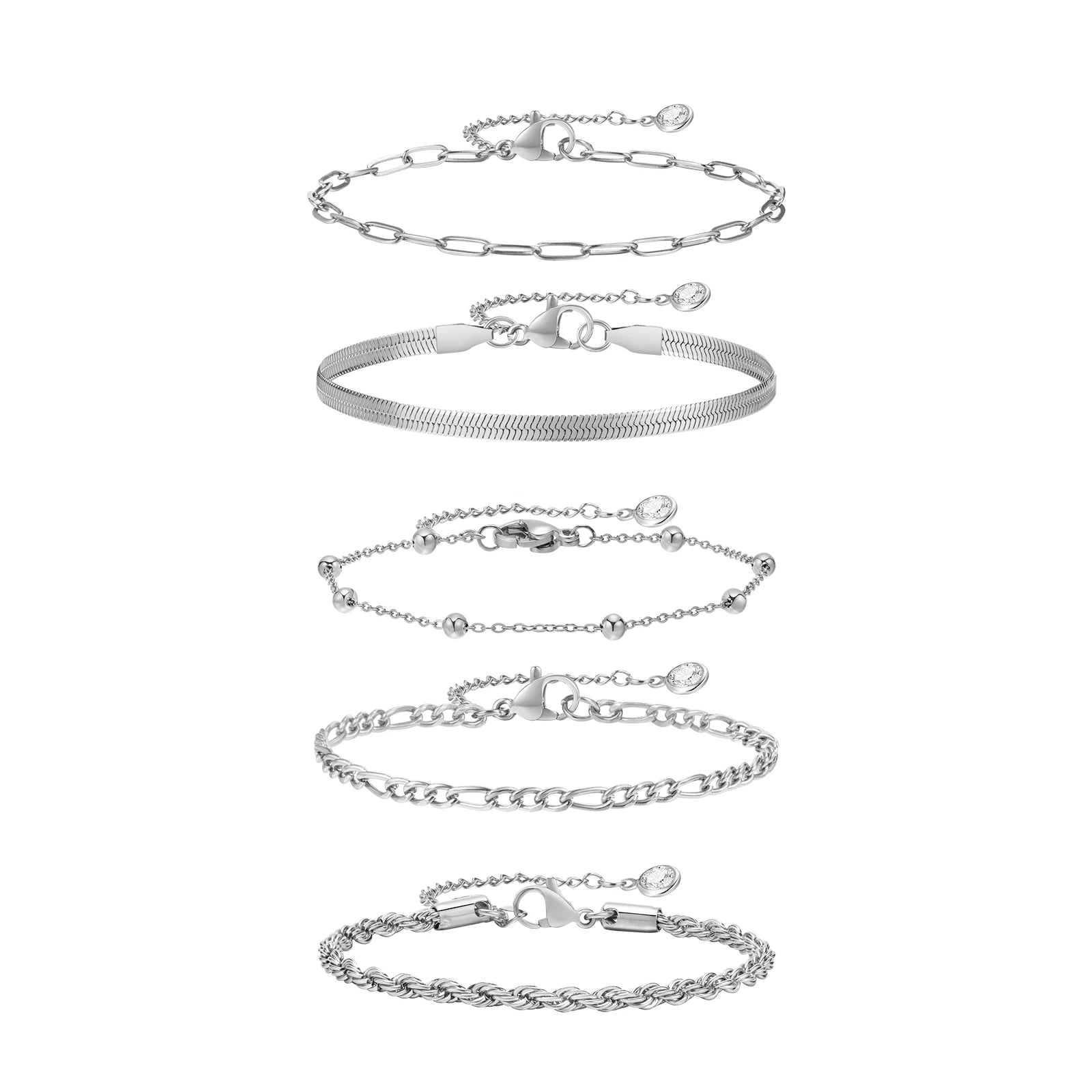 5PCS/Set Women Gold/Silver Color Bracelets,Stainless Steel Lady Geometric Fashion Charm Chain,Multi Layers Dainty Girl Jewelry