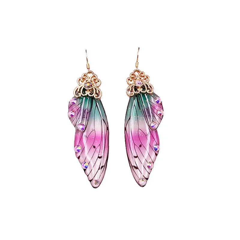 Handmade Fairy Simulation Wing Earrings Insect Butterfly Wing Drop Earrings Foil Rhinestone Earrings Romantic Bridal Jewelry