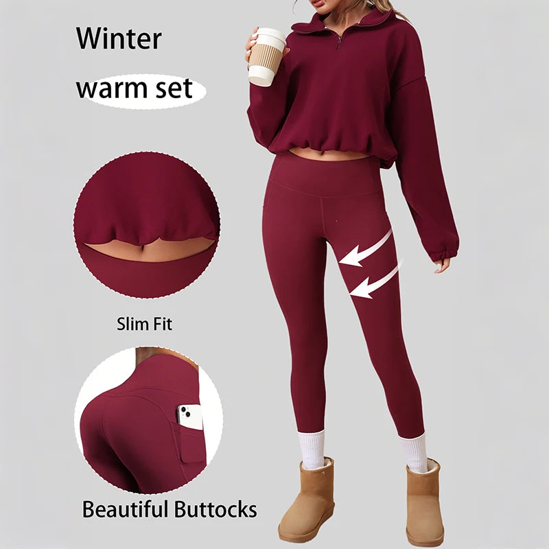 2PCS Thermal Yoga Set Fleece Fintness Suit Women's Sports Set  Fleece Pullover Sweatshirt with Non-fleece-lined  Leggings