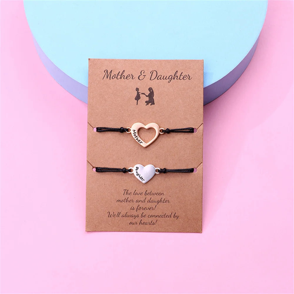2Pcs Mother and Daughter Hollow Heart Braided Bracelet Adjustable Love Wrist Rope Bangle DIY Jewelry Accessories Festival Gifts