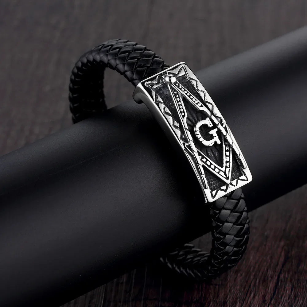 Vintage Braided Leather Masonic Totem Bracelet Men's Single Layer Leather Magnetic Bracelet Fashion Party Trendy Jewelry Gift