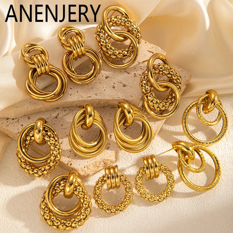 ANENJERY 316L Stainless Steel Circular Splicing Earrings For Women Men Fashion Unique Punk Hip hop Jewelry Gift Wholesale