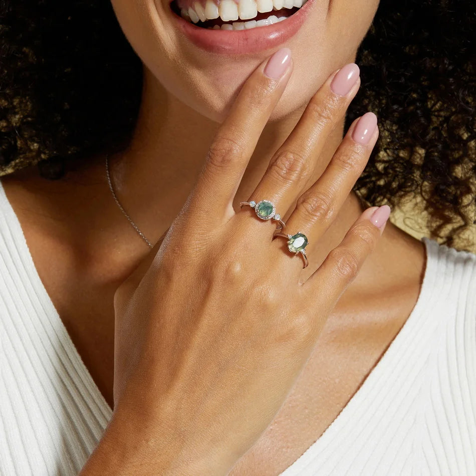 WES 925 Sterling Silver Open Ring for Woman Classic Unique Green Moss Agate Crystal Ring Engagement Gift Wholesale Oval Cut