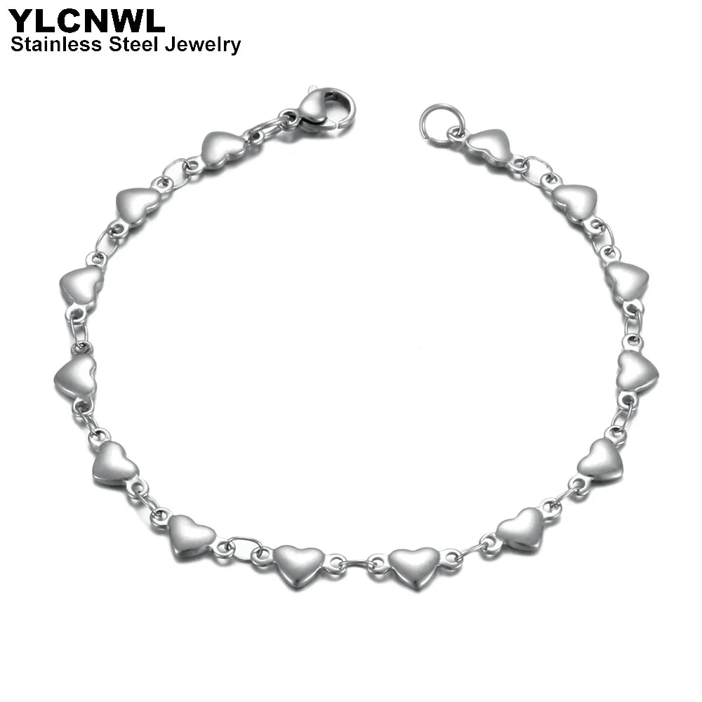 Stainless Steel Heart Bracelet For Women Link Chain Gold Silver Color Charm Female Cute Romantic Jewelry 7-9 Inch