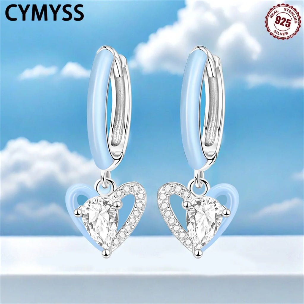 CYMYSS 2025 New 925 Sterling Silver Blue Heart Drop Earring Boutique Wedding Birthday Party Gift Jewellery Zircon Women Earrings