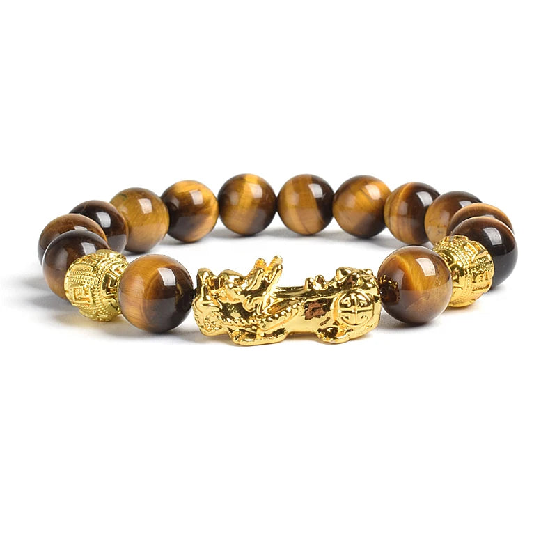 Pi Xiu Tiger Eye Stone Beads Bracelet Feng Shui Yellow Power Stone Women Men Elastic Jewelry Gold Color Pixiu Good Luck Bracelet