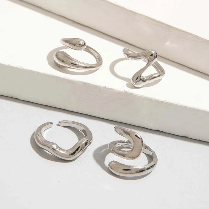 4Pcs/Set Fashion Silver Color Irregular Geometric Open Rings For Women Men Punk Metal Adjustable Knuckle Joint Ring Jewelry Gift