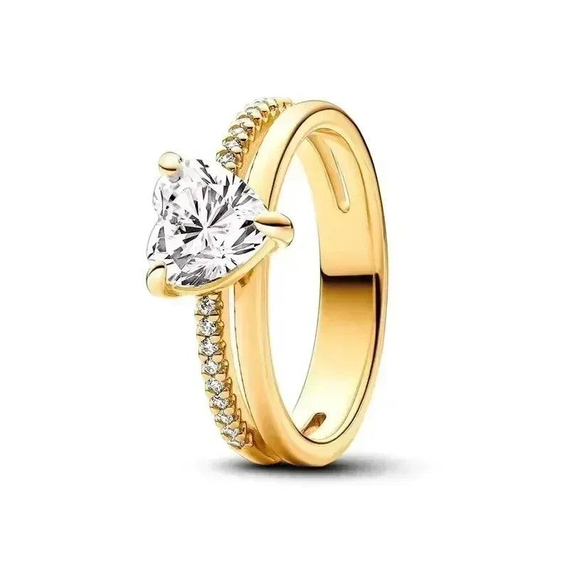 Hot selling 925 sterling silver exquisite gold series ring, sparkling heart-shaped crown ring, fashionable charm jewelry gift