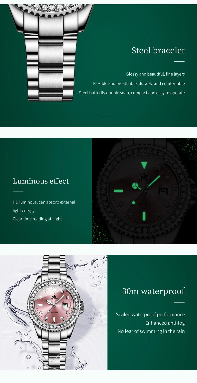 OLEVS 9945 Top Brand Original Quartz Watch for Women Luxury Diamond Lap Calendar Hand Clock Stainless Steel Ladies Wristwatches