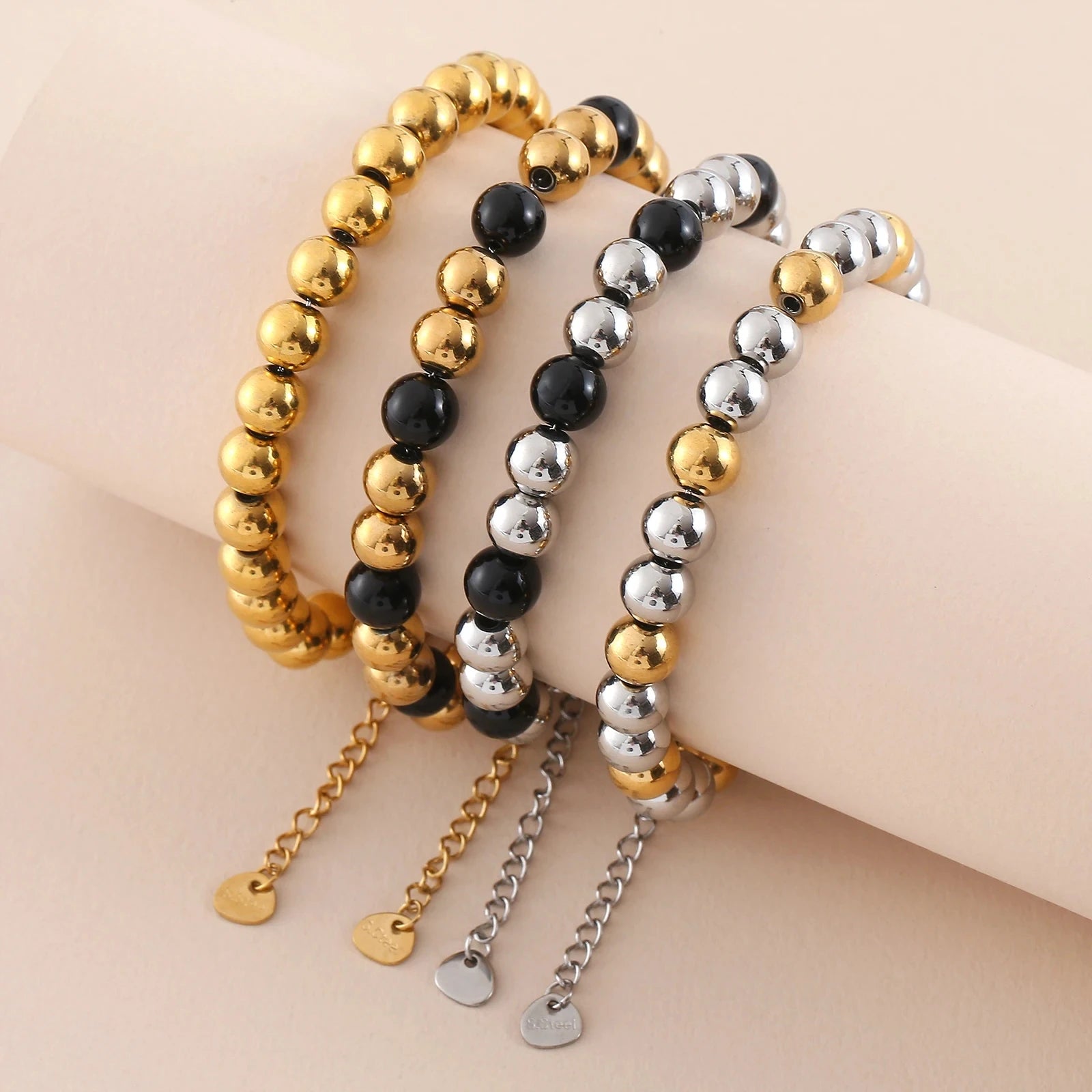 MHS.SUN Waterproof Smooth Beads Bracelet Adjustable Gold Silver Color Stainless Steel Round Balls Bracelets Unisex Party Jewelry