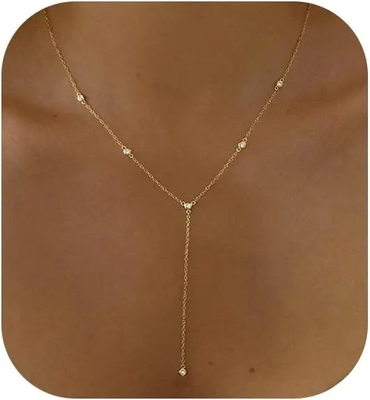 Silver Plated Necklace for Women, Dainty Gold Necklaces Gold Plated CZ Lariat Necklace for Women Boho Fashion Jewelry Womens