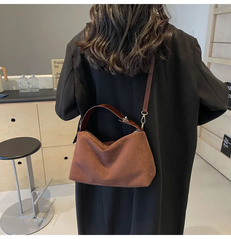 New Solid Color PU Zipper Women's Bag Suede Large Capacity Women's Shoulder Bag Fashion Versatile Casual Dual Purpose Handbag