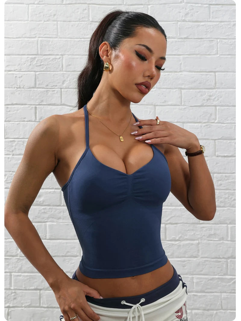 Adjustable Strappy Gym Top - Backless Scrunch Bra with Removable Cups