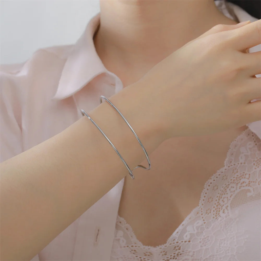 My Shape Simple C Shape for Women Stainless Steel Gold Color Adjustable Open Cuff Bangle Jewelry Double Layered Bracelets Gifts