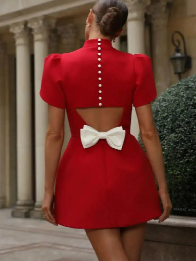 Elegant Bow Hollow Out Mini Dress - Short Sleeve A-Line Party Dress