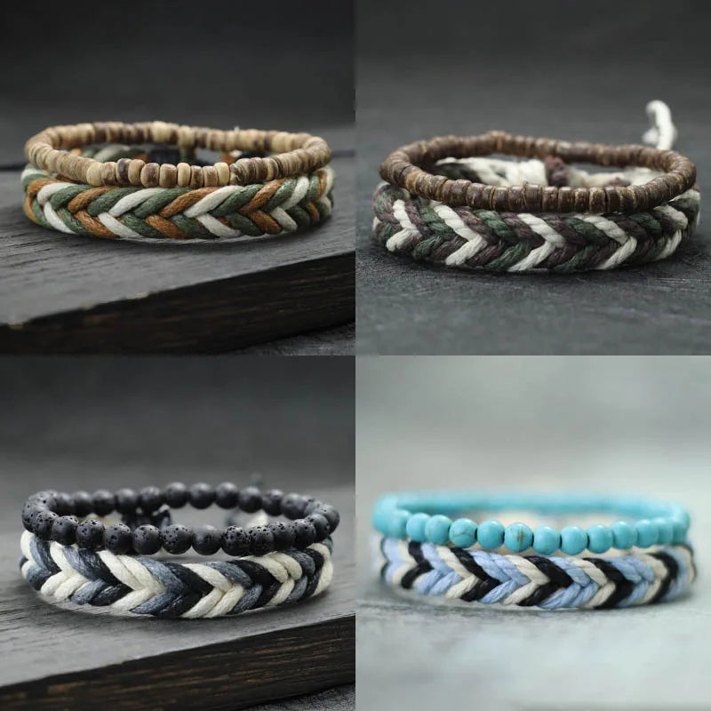 Fashionable 2Pcs Men Bracelet Set Coconut Husk Beads Braslet Lava Tiger Eyes Turquoises Stone Healing Braclet Bileklik Erkek