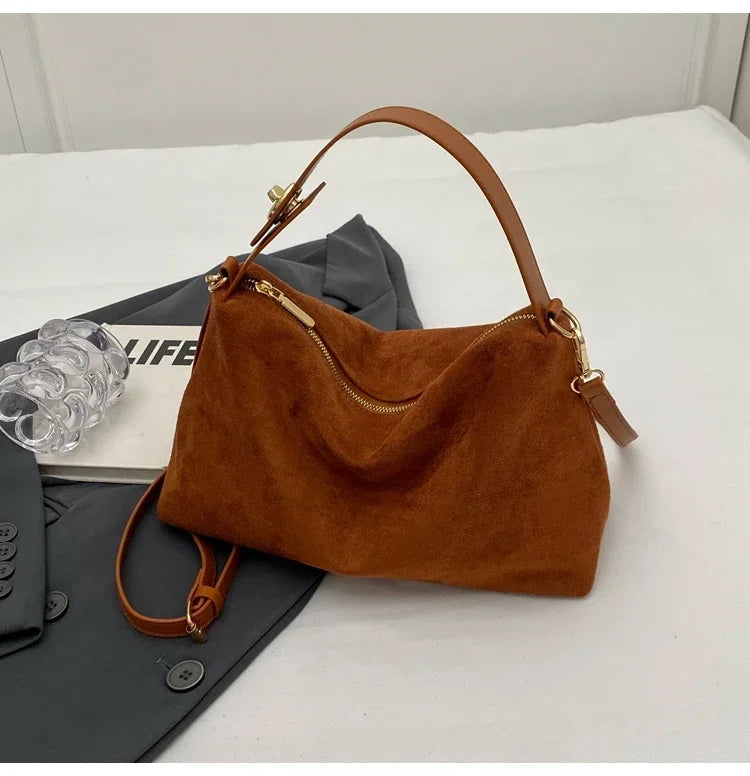 New Solid Color PU Zipper Women's Bag Suede Large Capacity Women's Shoulder Bag Fashion Versatile Casual Dual Purpose Handbag