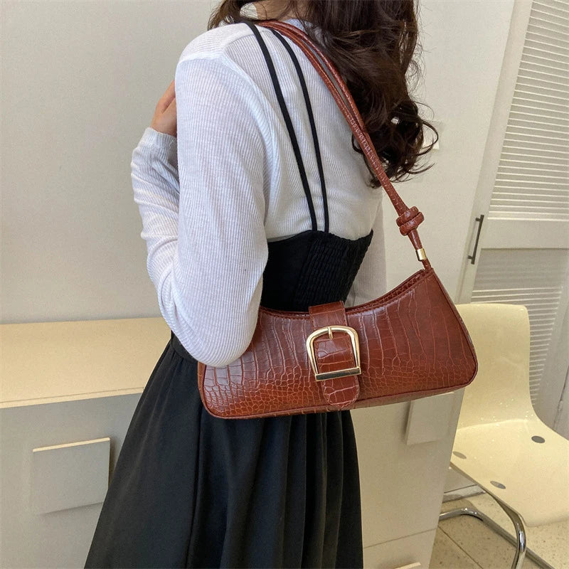 French Simple Solid Color PU Leather Shoulder Bag Fashion Versatile Handbag Underarm Bag For Women Hand Shoulder Bag