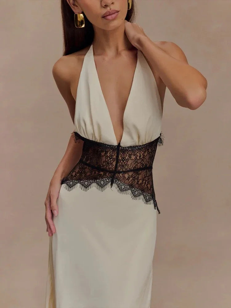 Deep V-Neck Backless Dress - Lace Satin Halter Maxi Evening Gown