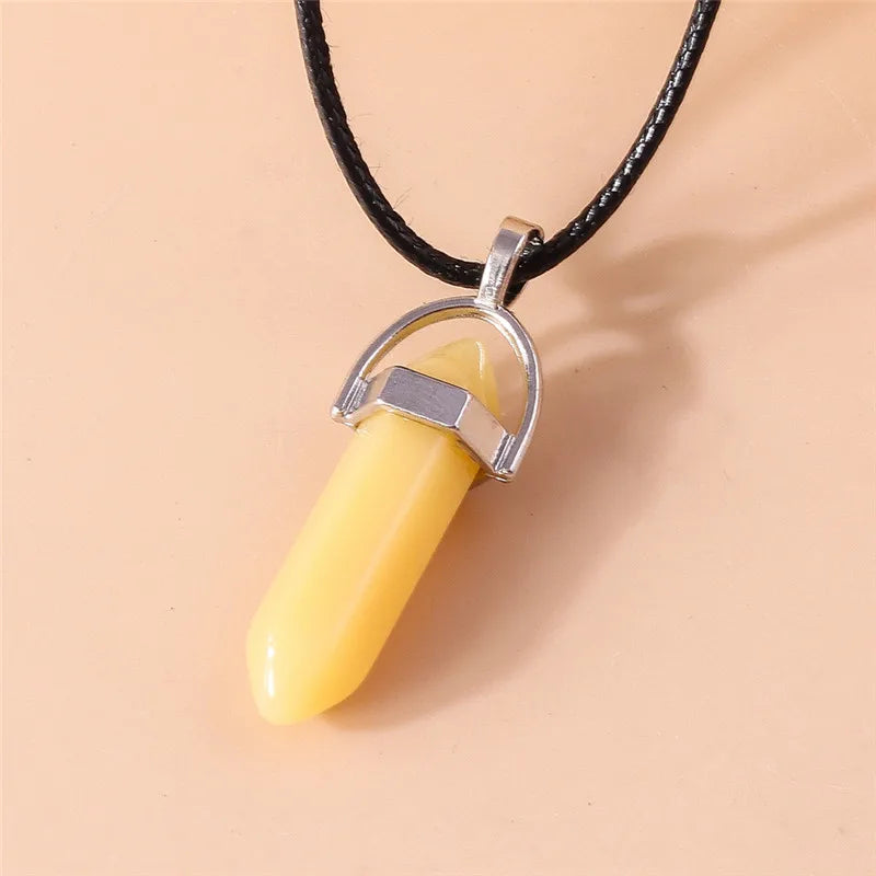 Natural Stone Quartz Lapis Opal Amethyst Pink Crystal Stone Hexagonal Column Pendant Necklaces Leather Chain Bullet Necklace