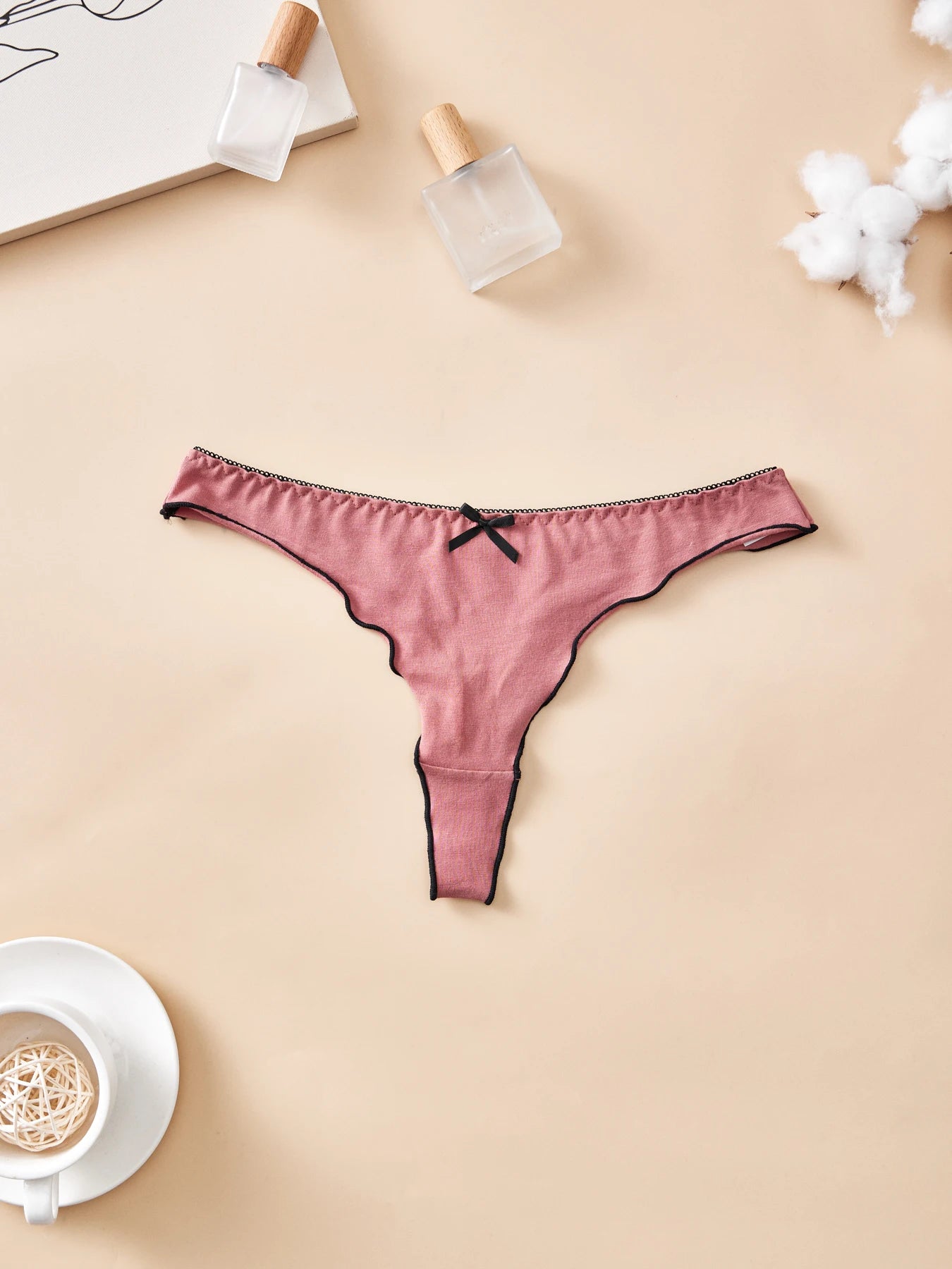 4pcs women's cotton solid color thong sexy comfortable women's underwear daily breathable T-back knitted bow cute girl low-waist