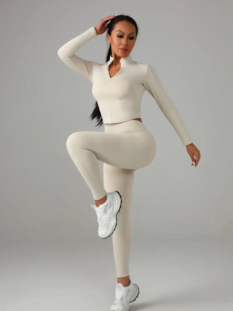 Women's Solid Color Sports Set Long - Sleeve Top + Pants Yoga Fitness Outfit Breathable Quick - Dry Tracksuit