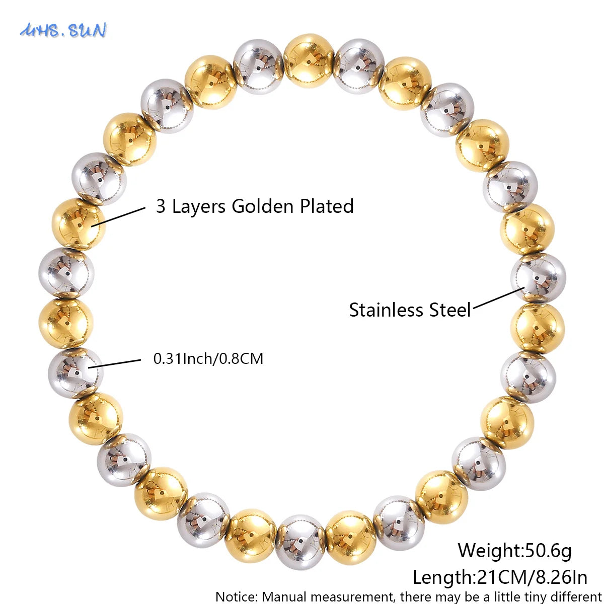 MHS.SUN Fashion Waterproof Smooth Stainless Steel Bracelets 2-10mm Elastic Beaded Gold Plated Stackable Bracelet Women Jewelry