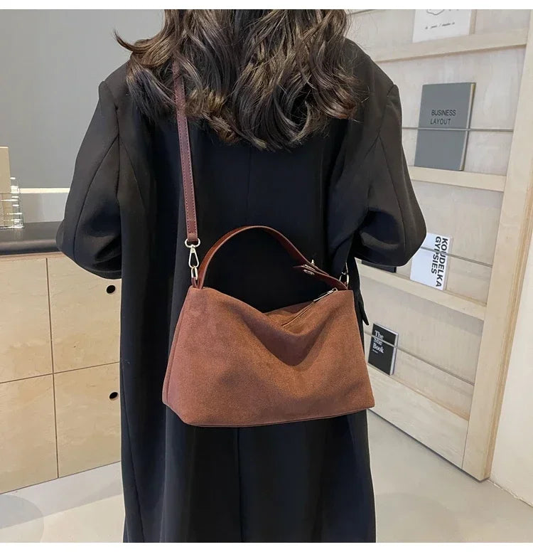 New Solid Color PU Zipper Women's Bag Suede Large Capacity Women's Shoulder Bag Fashion Versatile Casual Dual Purpose Handbag