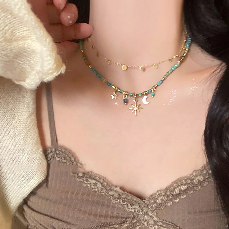 ZAKOL Vintage Bohemian Style Stone Beads Necklace for Women Charm Mang Star Pendant Stacked Clavicle Chain Fashion Jewelry Gifts