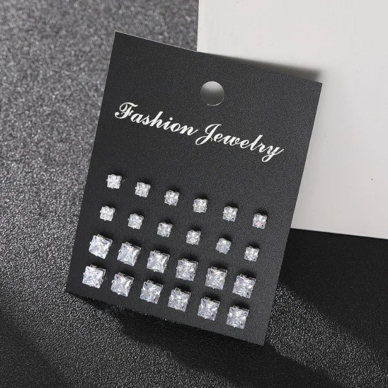 12 Pairs of Fashionable and Simple Square Zircon Earrings Set for Both Men and Women, Suitable for Daily Wear