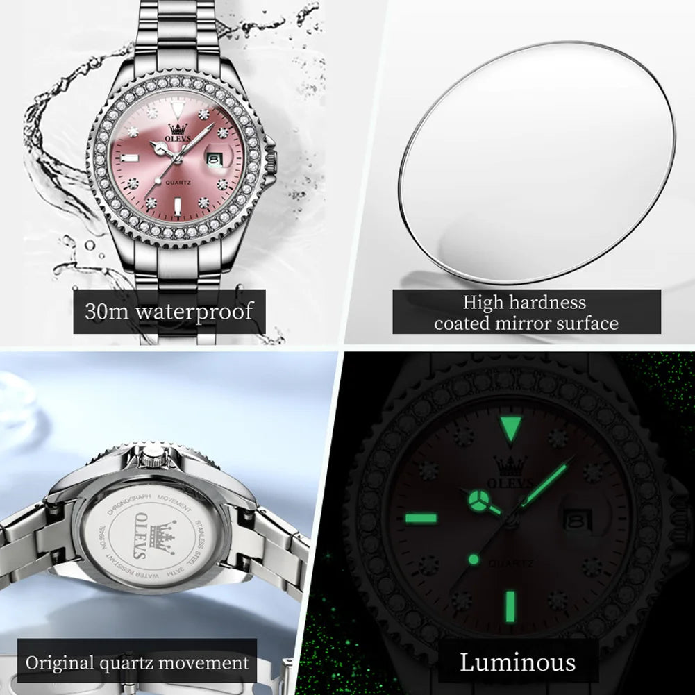 OLEVS 9945 Top Brand Original Quartz Watch for Women Luxury Diamond Lap Calendar Hand Clock Stainless Steel Ladies Wristwatches