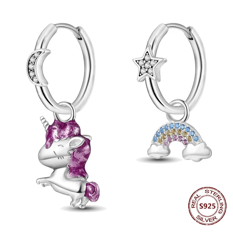 Unicorn Earrings 925 Sterling Silver Original Zircon Elephant Feather Dog Cat Blue Star Small Earrings For Women Jewelry Gift