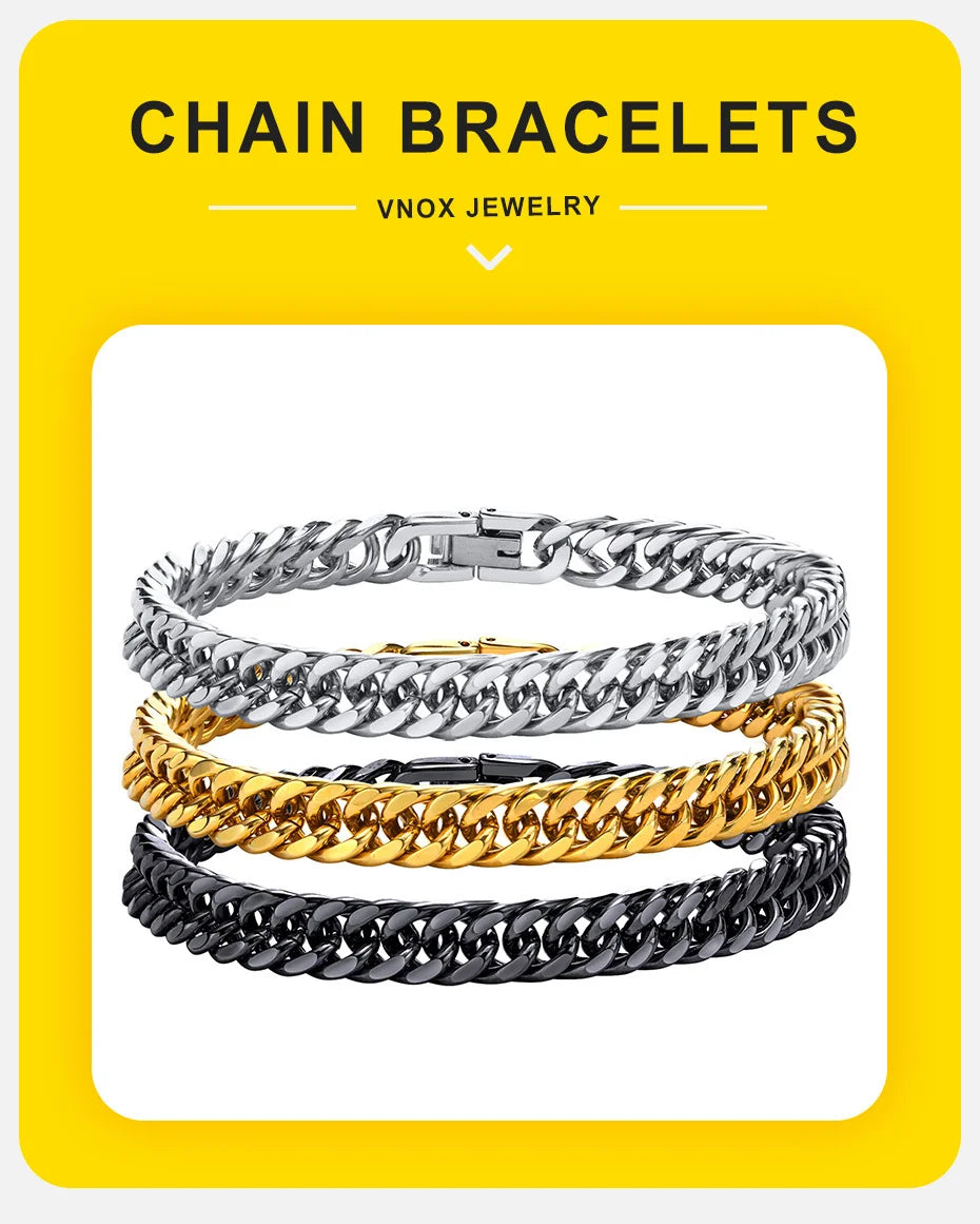 Vnox Men's Stainless Steel 7/8/9/10/12/15MM Link Chain Miami Cuban Bracelets for Male Boys Jewelry, 19cm/21.5cm, Gift for Dad