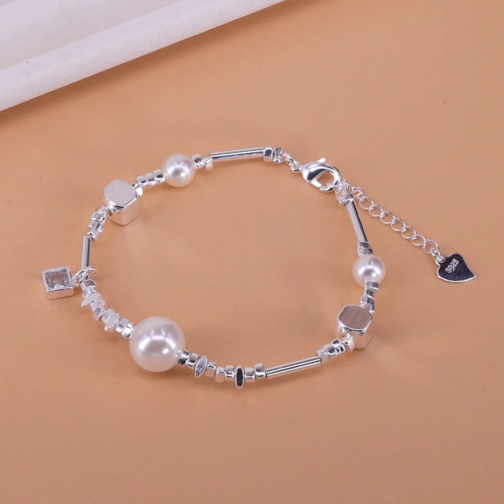 New 925 Silver Geometric Bead Pearl Punk Irregular Asymmetric Adjustable Bracelet For Woman Girl Fashion Jewelry Gift Dropship