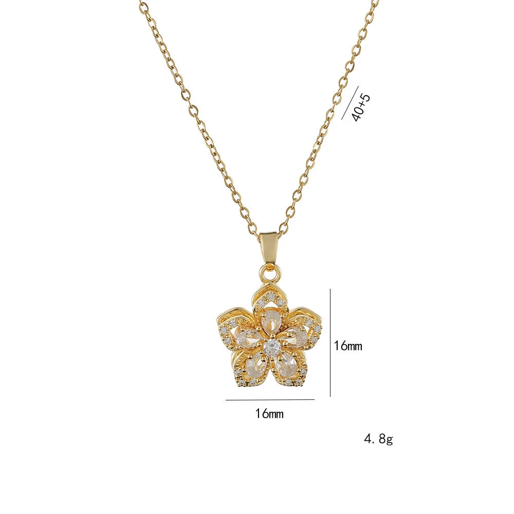 Shiny Zircon Romantic Flower Pendant Necklace For Women Gold Plated Rotatable Flowers Choker Girls Wedding Party Luxury Jewelry