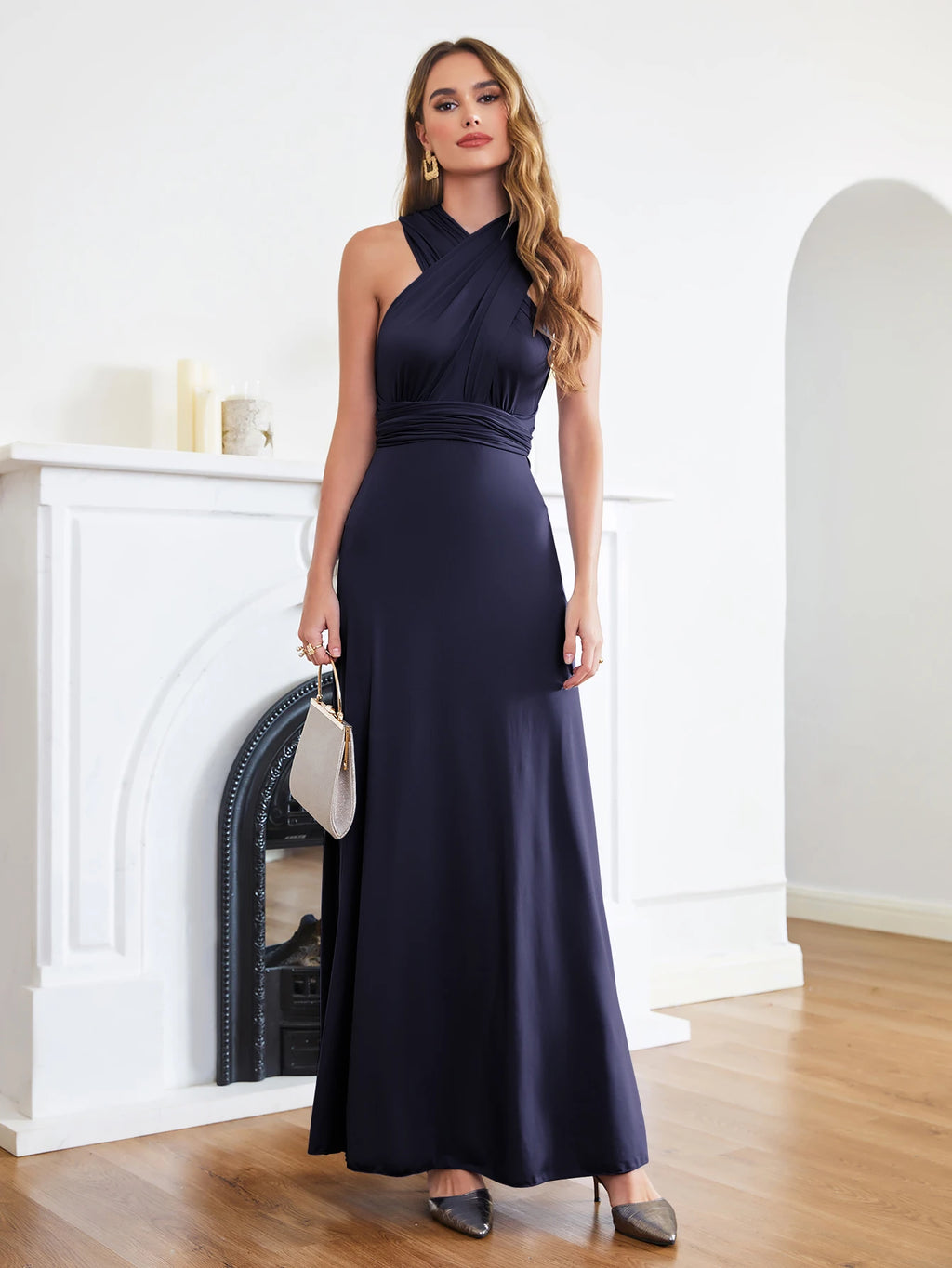 BABYONLINE Sexy Bridesmaid Dress Infinity Style Convertible Halter V neckline Gown Sleeveless Multiway Wrap Changable Guest Gown