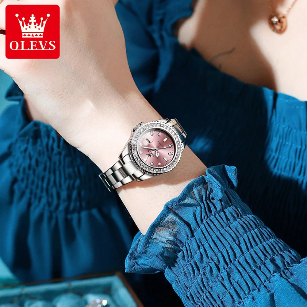 OLEVS 9945 Top Brand Original Quartz Watch for Women Luxury Diamond Lap Calendar Hand Clock Stainless Steel Ladies Wristwatches