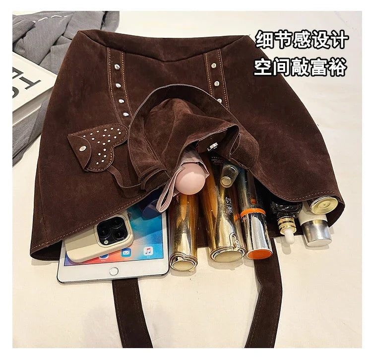 Fashion Suede Sewing Thread Shoulder Bags 2025 New Retro Versatile Commute Simplicity Solid Color Single Women's Handbag