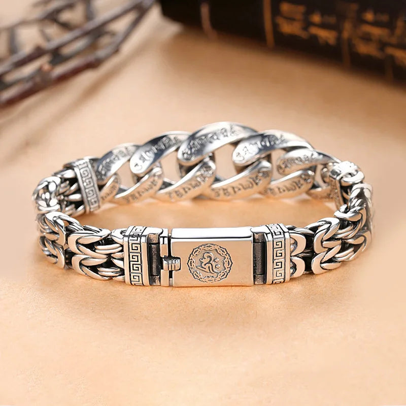 S925 Sterling Silver Personalized Men and Women Bracelets Six-Character Peace Pattern Cuban Chain Jewelry Exquisite Gift