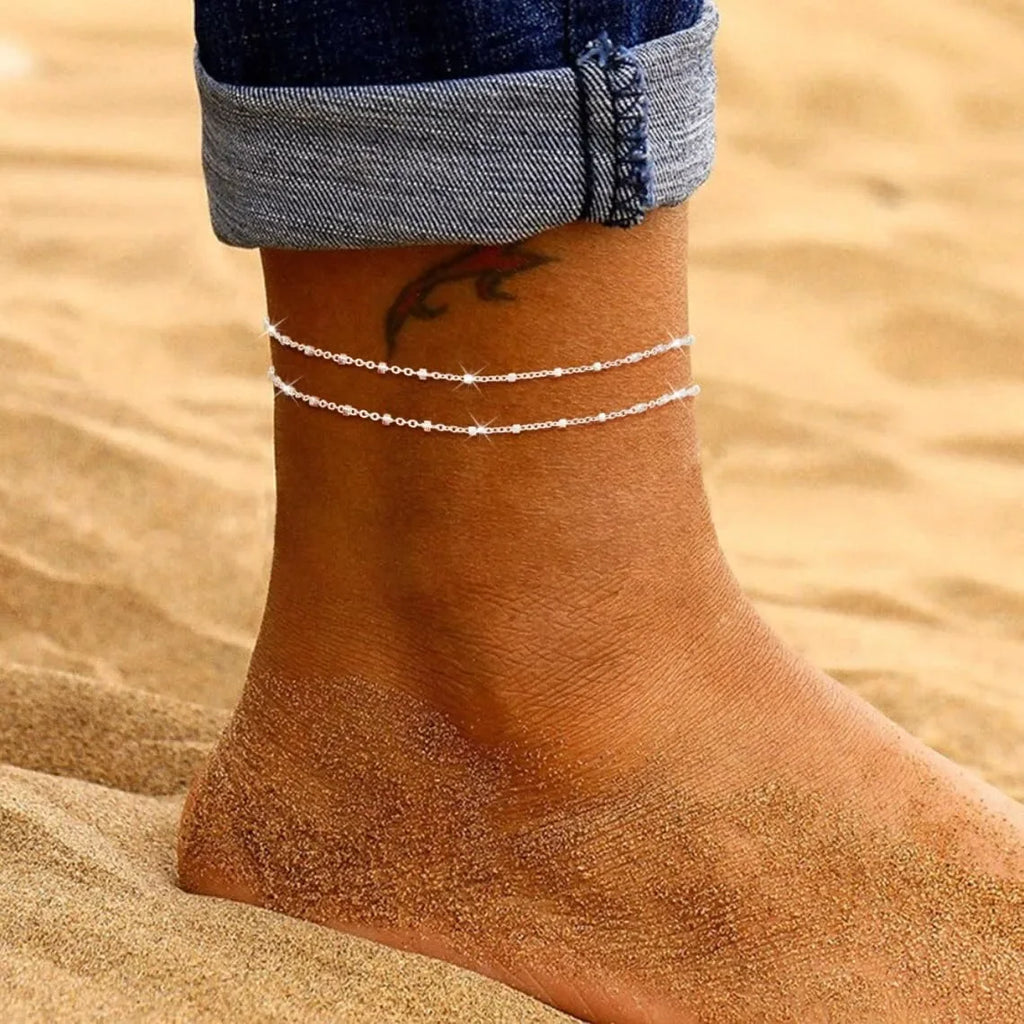 Gold/Silver Ankle Bracelets for Women,14K Gold Anklets for Women Waterproof Beads Anklets Set Layered Anklet Gold Jewelry Gift