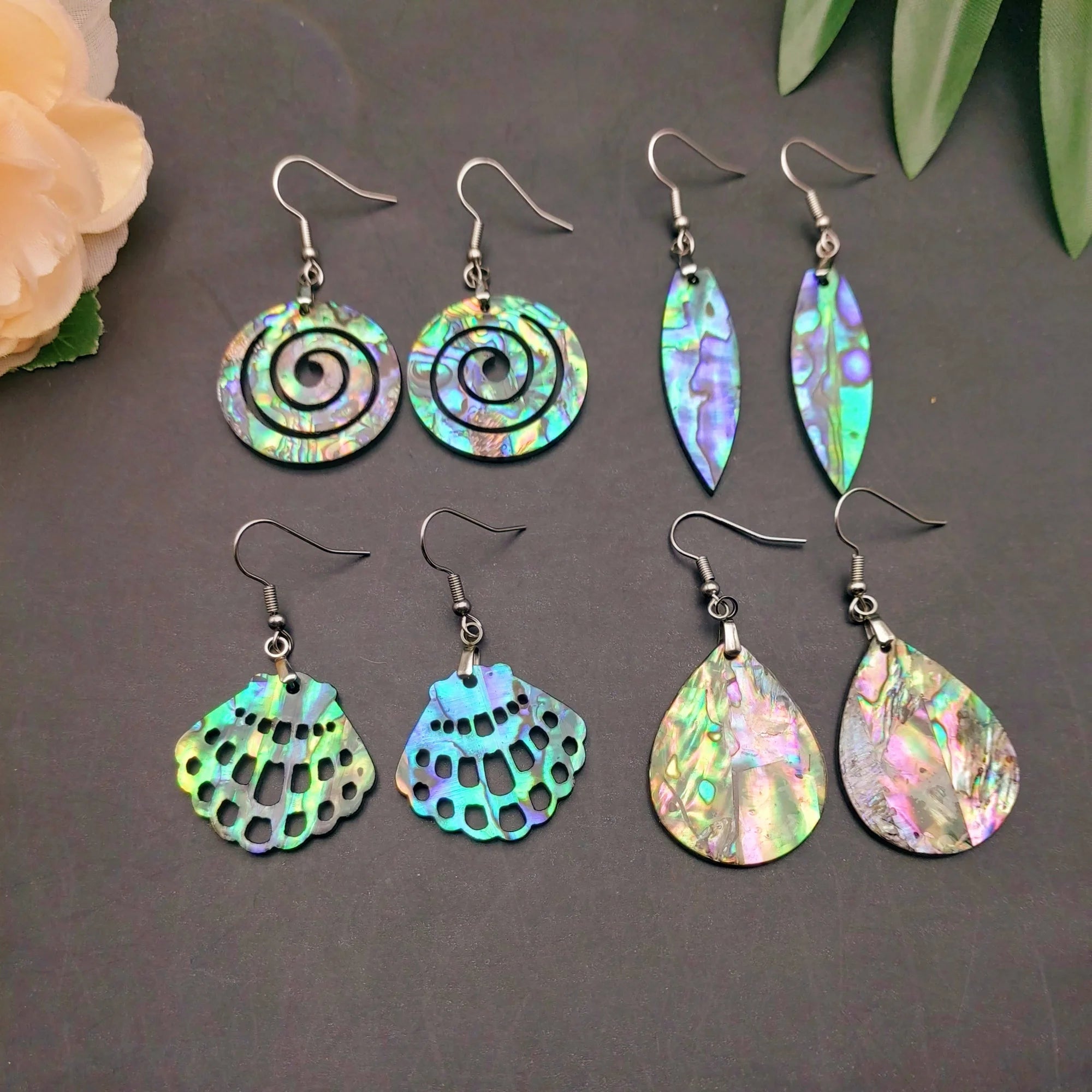 Natural Paua Shell Hand Carving Double Side Dangle Earrings Hawaiian Design Abalone Jewelry