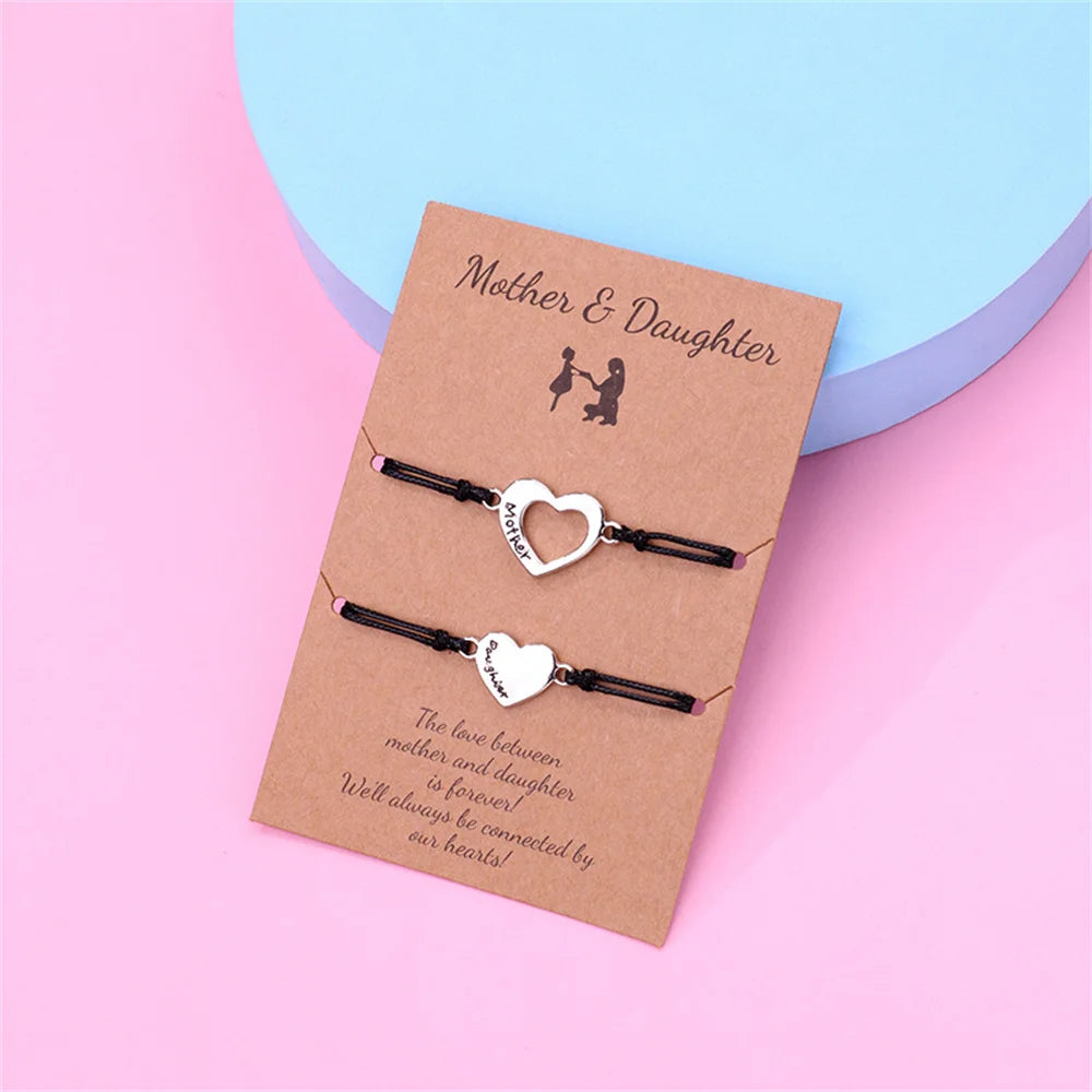 2Pcs Mother and Daughter Hollow Heart Braided Bracelet Adjustable Love Wrist Rope Bangle DIY Jewelry Accessories Festival Gifts