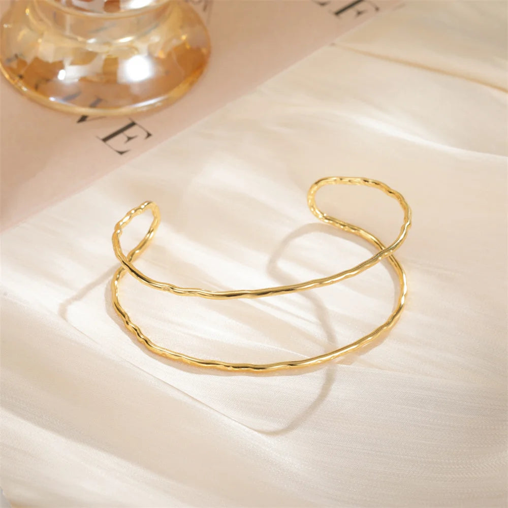 My Shape Simple C Shape for Women Stainless Steel Gold Color Adjustable Open Cuff Bangle Jewelry Double Layered Bracelets Gifts