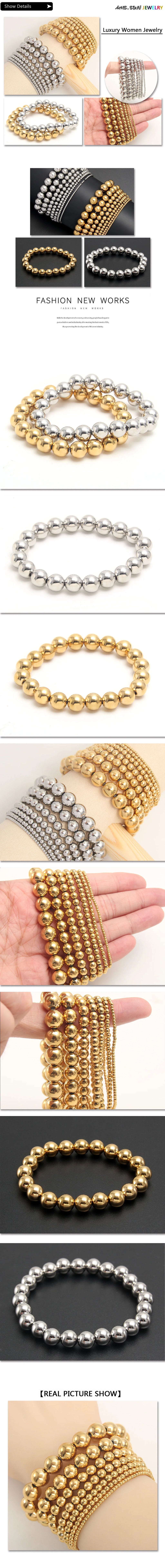 MHS.SUN Fashion Waterproof Smooth Stainless Steel Bracelets 2-10mm Elastic Beaded Gold Plated Stackable Bracelet Women Jewelry
