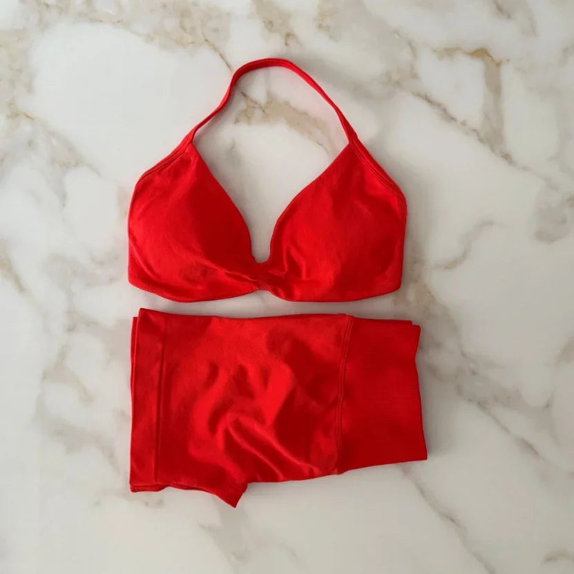 Seamless Sportswear Workout Set Women Two Piece Strappy Yoga Bra Top Scrunch Shorts Gym Clothes